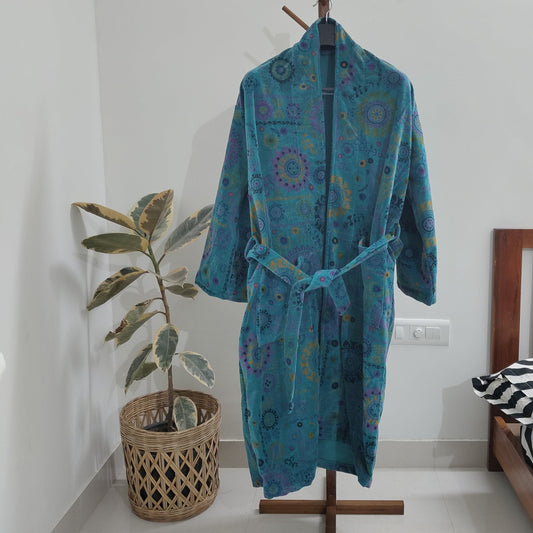 Cotton Velvet Kimono /Robe/Lounge Wear- Mandala inspired teal