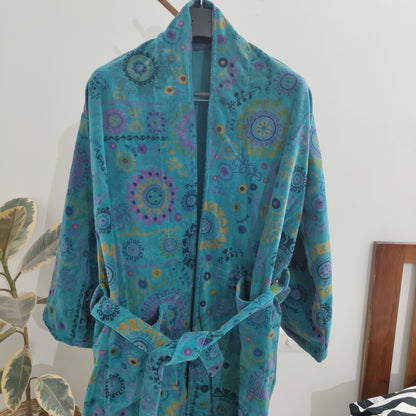 Cotton Velvet Kimono /Robe/Lounge Wear- Mandala inspired teal