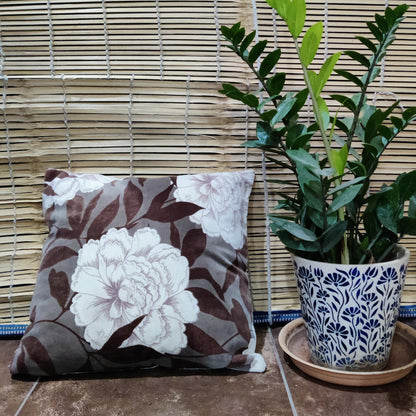 16" Brown Floral Velvet Cushion Cover/Throw Pillow- Sale