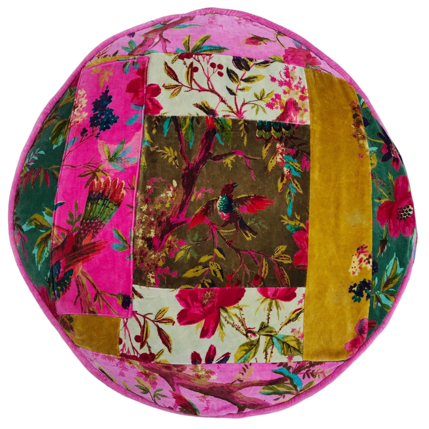 Patchwork Velvet Round Ottoman / bean bag -Bright Pink