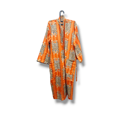 Cotton Hand Printed Kimono Robe Tiger Stripes Orange