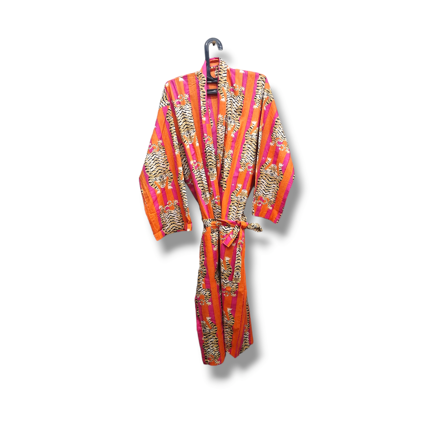 Cotton Hand Printed Kimono Robe Tiger Stripes Orange and Pink