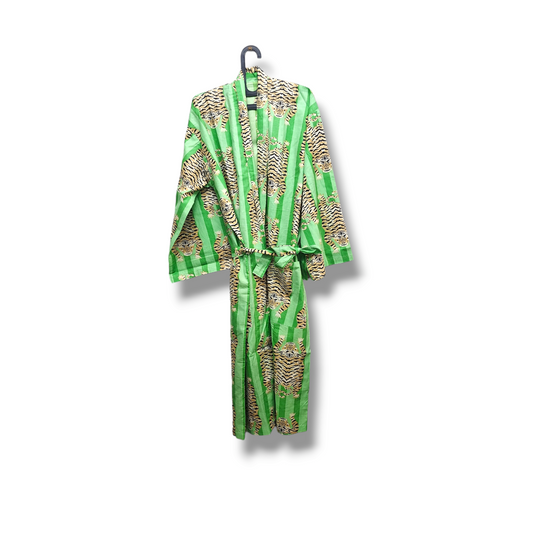 Cotton Hand Printed Kimono Robe Tiger Stripes Green