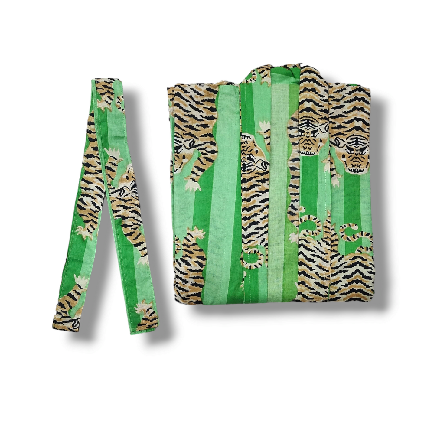 Cotton Hand Printed Kimono Robe Tiger Stripes Green
