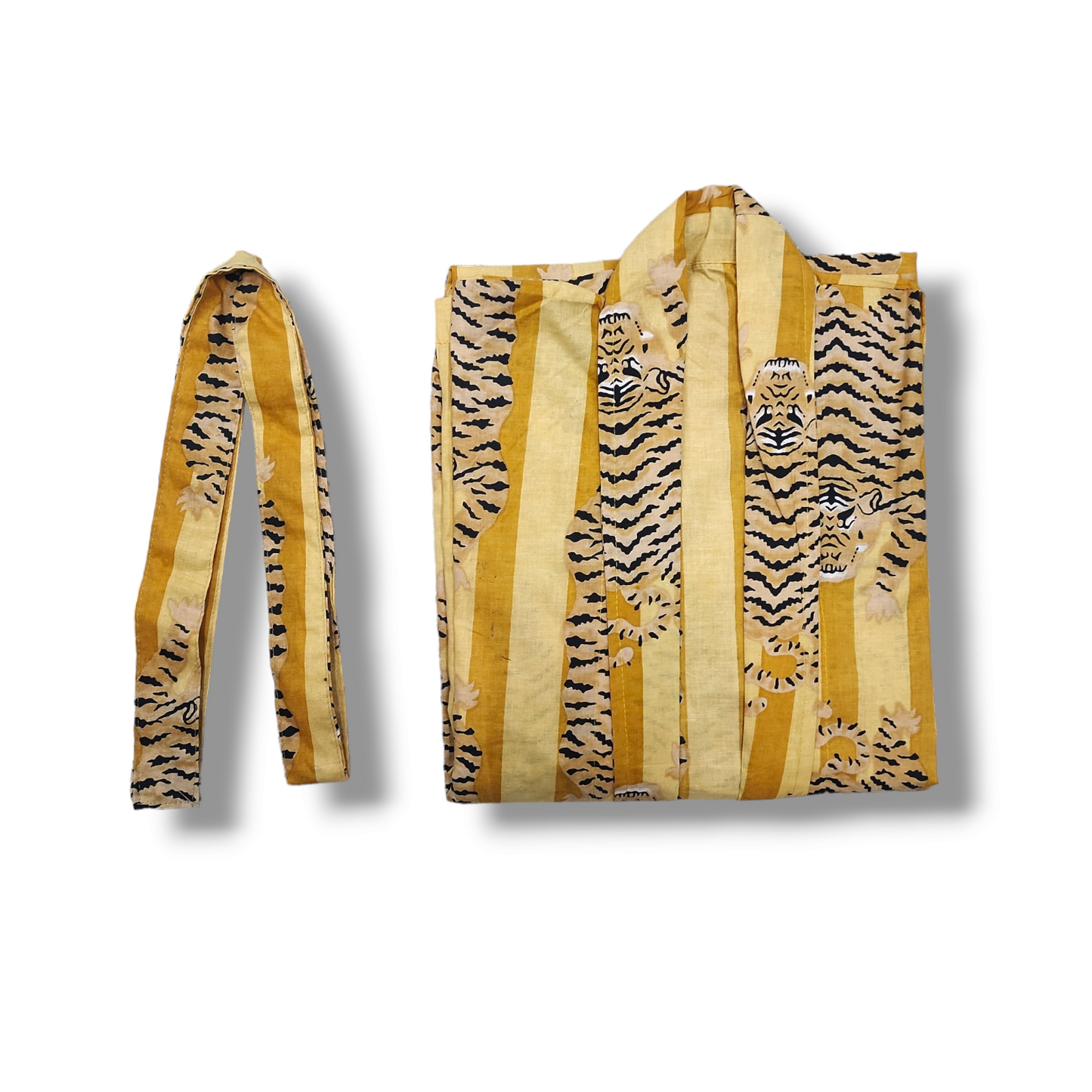 Cotton Hand Printed Kimono Robe Tiger Stripes Yellow