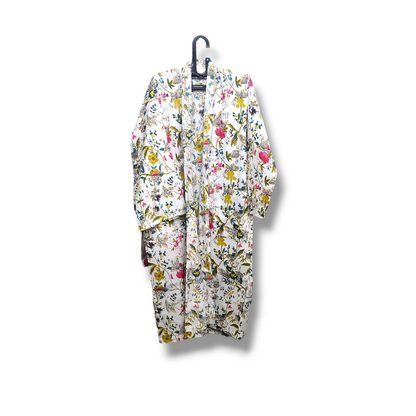 Cotton Hand Printed Kimono Robe Bird 2 White