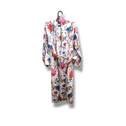 Cotton Hand Printed Kimono Robe Tree of Life White
