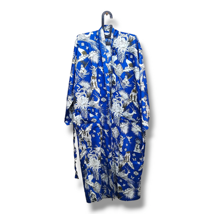 Cotton Hand Printed Kimono Robe Blue Glow