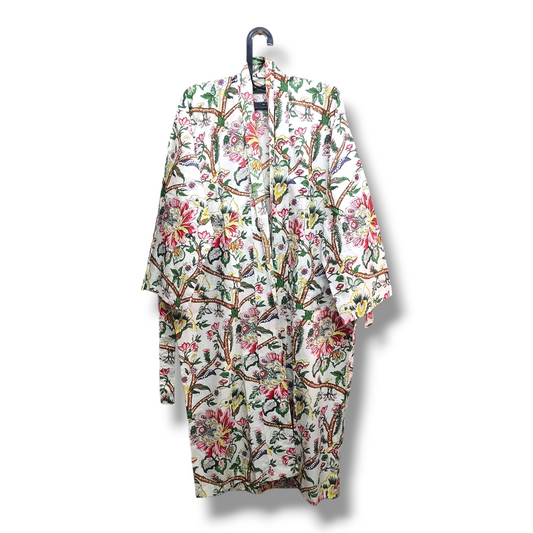 Cotton Hand Printed Kimono Robe White Floral