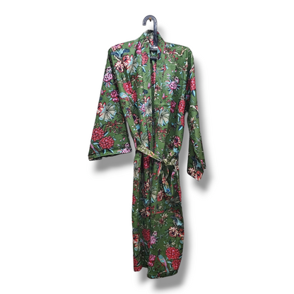 Cotton Hand Printed Kimono Robe German Green