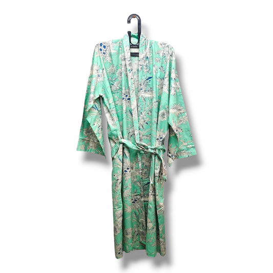Cotton Hand Printed Kimono Robe Mint Green Sparks
