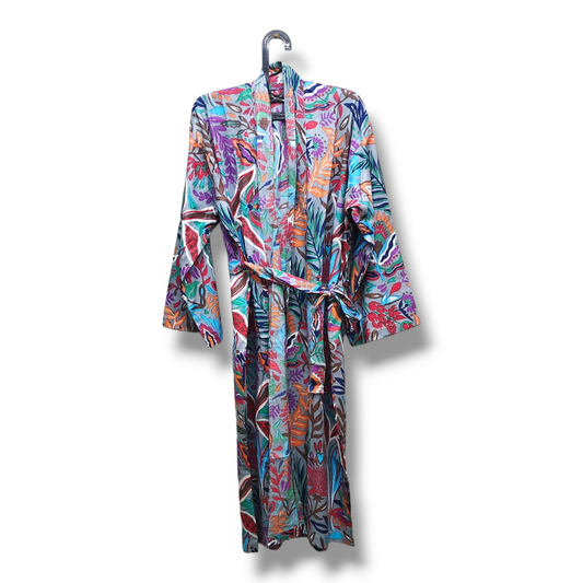Cotton Hand Printed Kimono Robe Vibes Grey