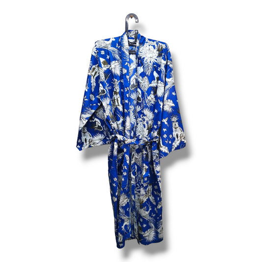 Cotton Hand Printed Kimono Robe Blue Glow