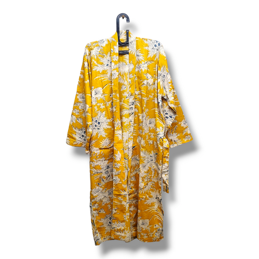 Cotton Hand Printed Kimono Robe Yellow Sparks