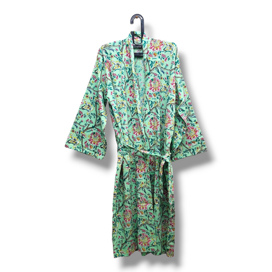 Cotton Hand Printed Kimono Robe Green Floral