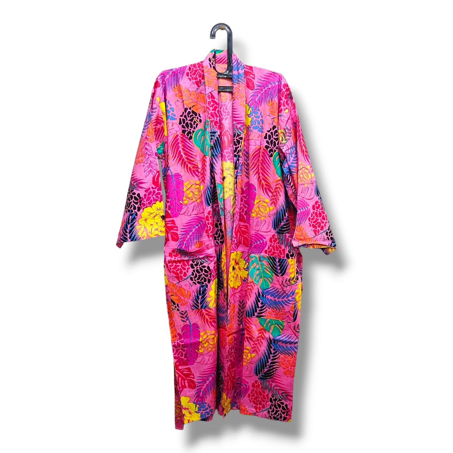 Cotton Hand Printed Kimono Robe Neon Pink