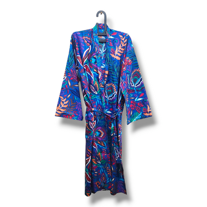 Cotton Hand Printed Kimono Robe Neon Blue
