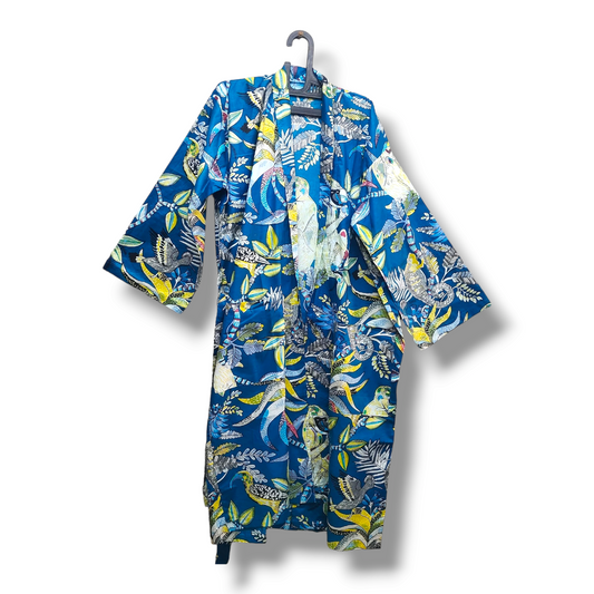 Cotton Hand Printed Kimono Robe Magic Blue