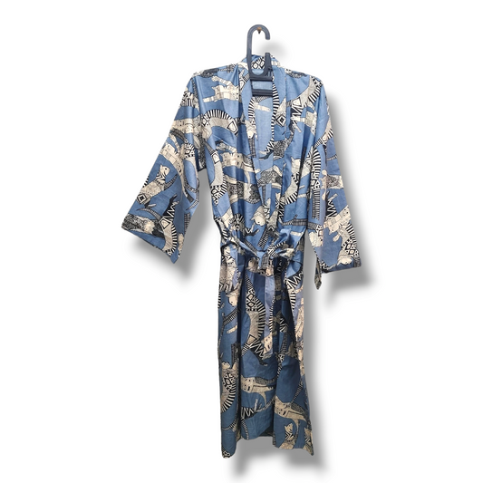Cotton Hand Printed Kimono Robe Cat Party Grey