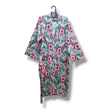 Cotton Hand Printed Kimono Robe Pink and Green Ekat