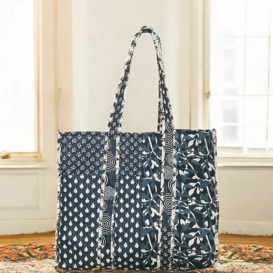 Handmade Quilted Tote Bag-Subtle grey patches