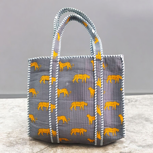Quilted Tote Bag with zip- grey leapord