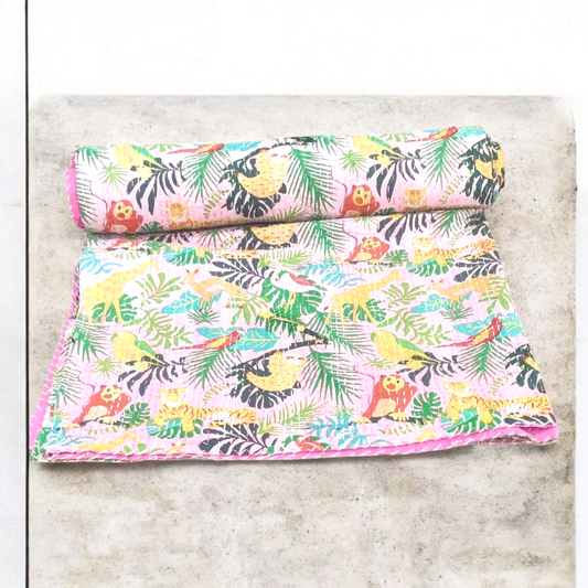 Hand Quilted Kantha Bedcover- Pink fauna