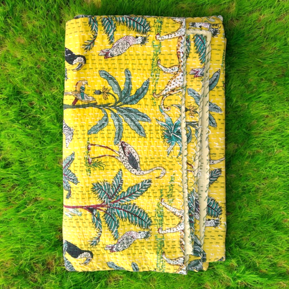 Hand Quilted Kantha Bedcover- Jungle Yellow