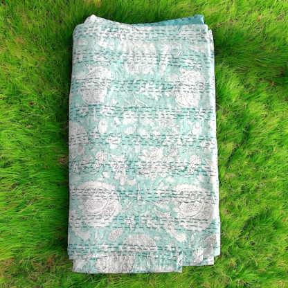 Hand Quilted Kantha Bedcover- Light green floral