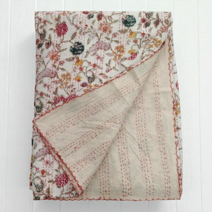 Hand Quilted Kantha Bedcover- White Floral