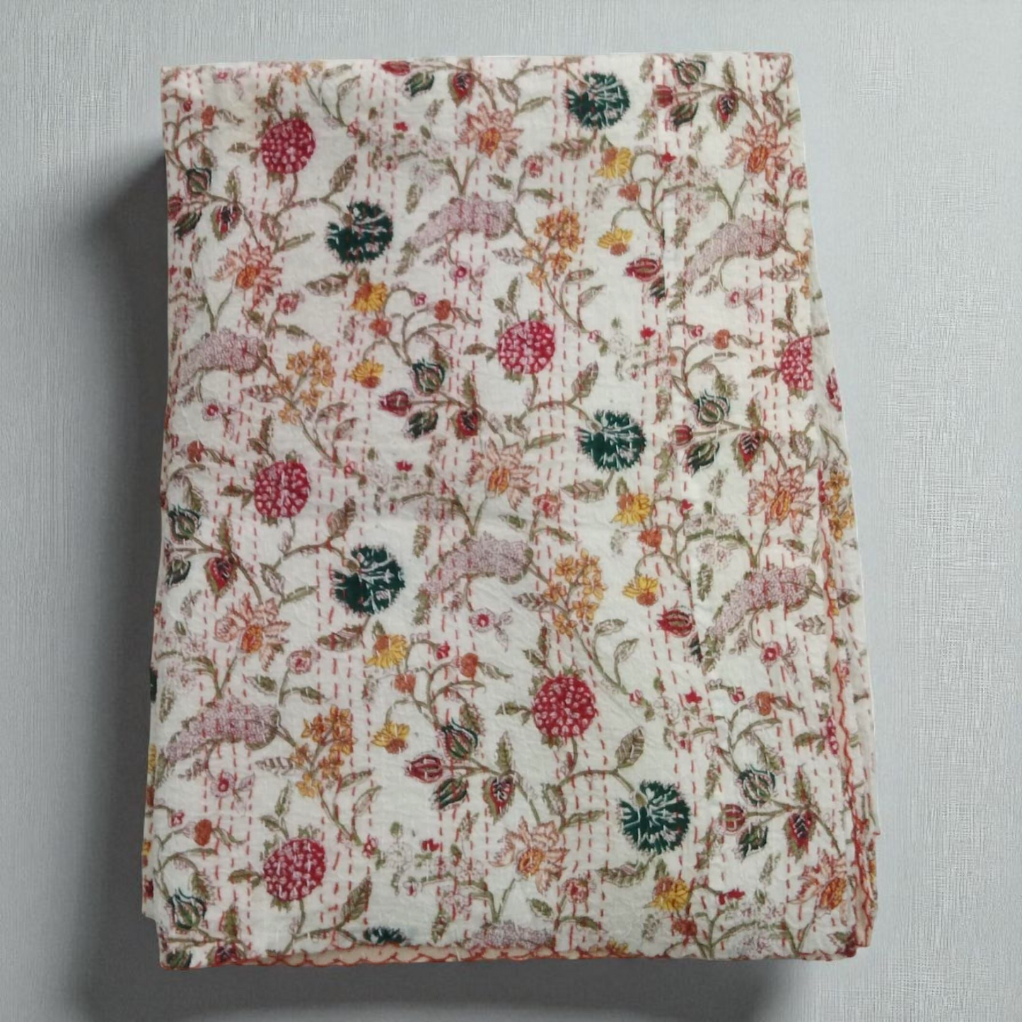 Hand Quilted Kantha Bedcover- White Floral