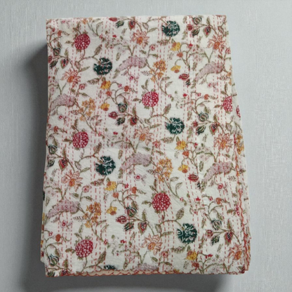 Hand Quilted Kantha Bedcover- White Floral