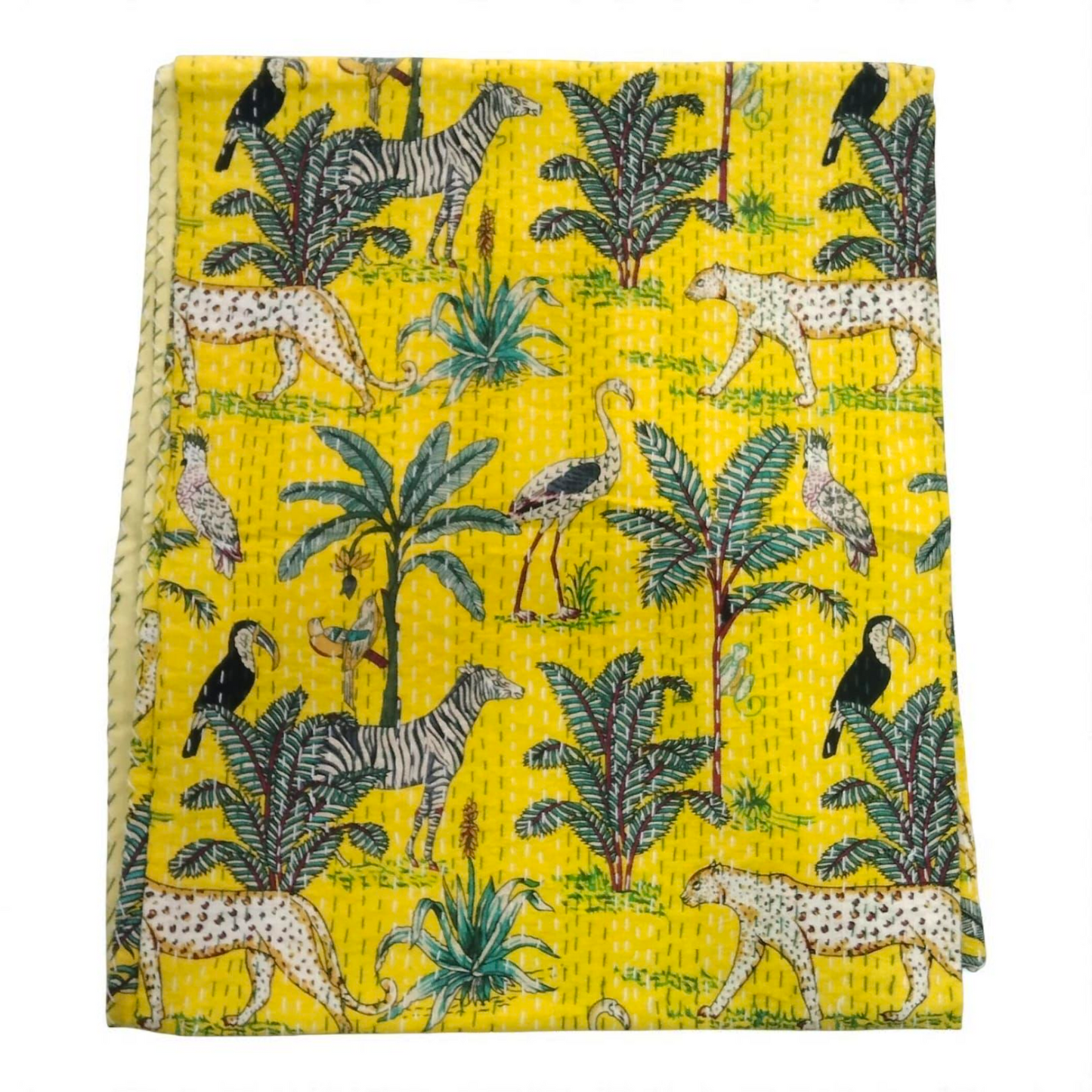 Hand Quilted Kantha Bedcover- Jungle Yellow