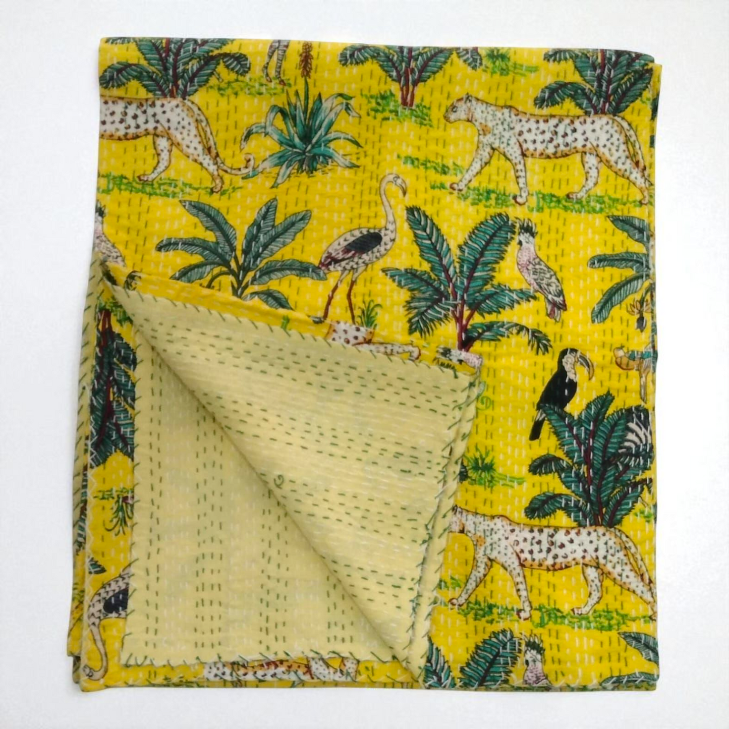Hand Quilted Kantha Bedcover- Jungle Yellow