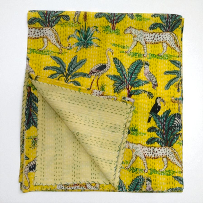 Hand Quilted Kantha Bedcover- Jungle Yellow