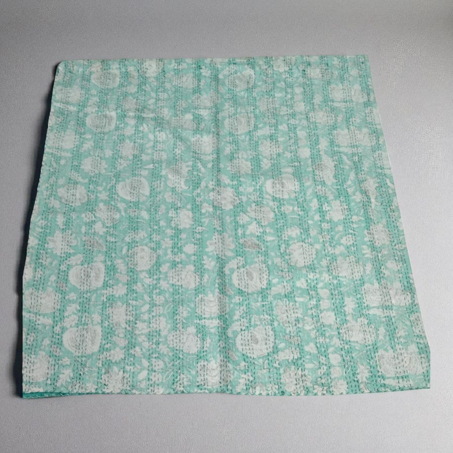 Hand Quilted Kantha Bedcover- Light green floral