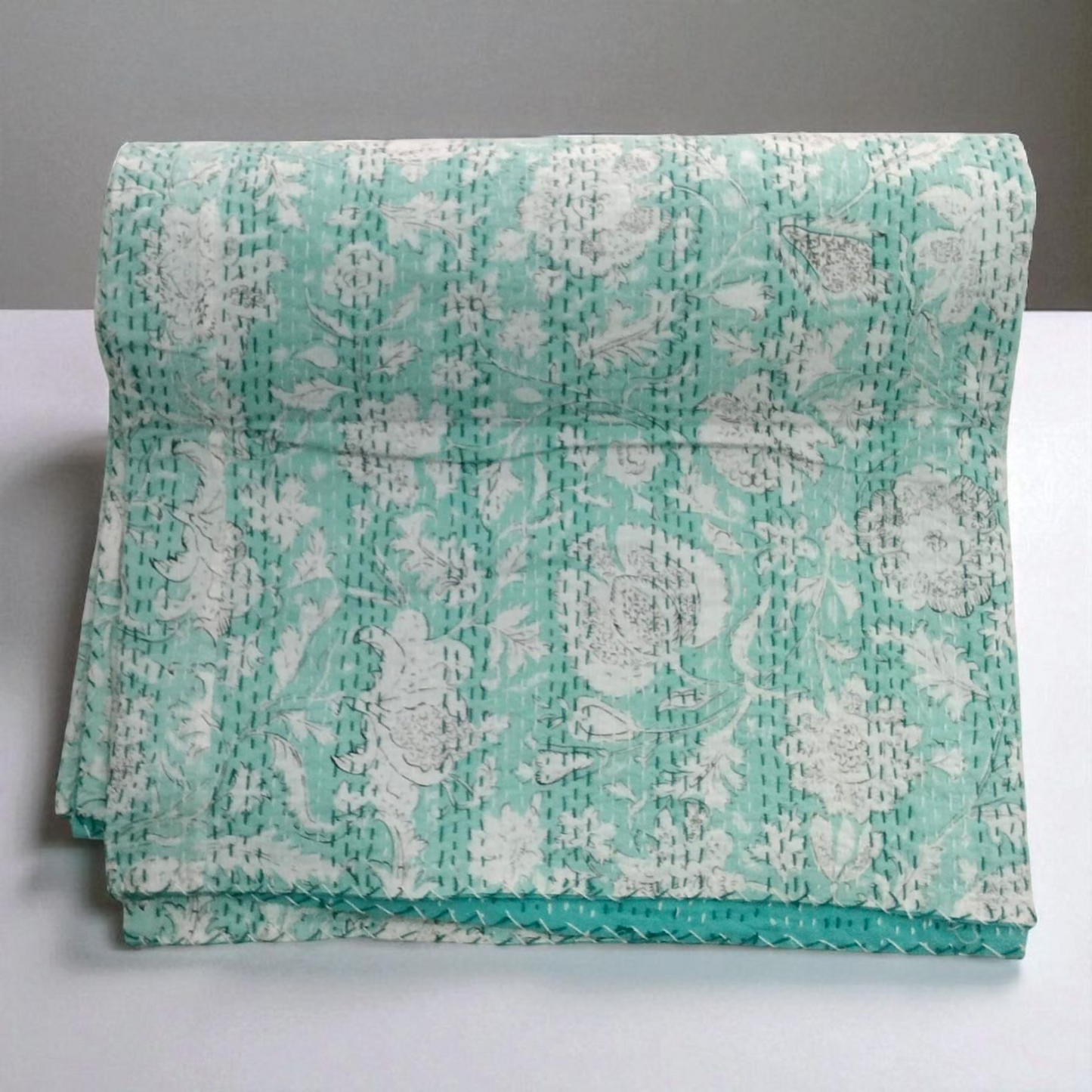 Hand Quilted Kantha Bedcover- Light green floral