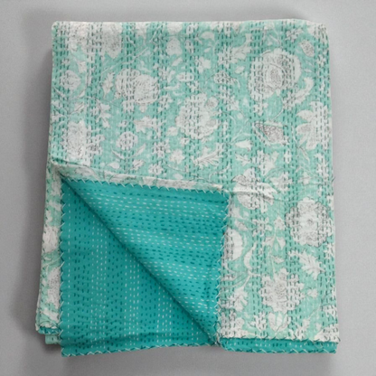 Hand Quilted Kantha Bedcover- Light green floral