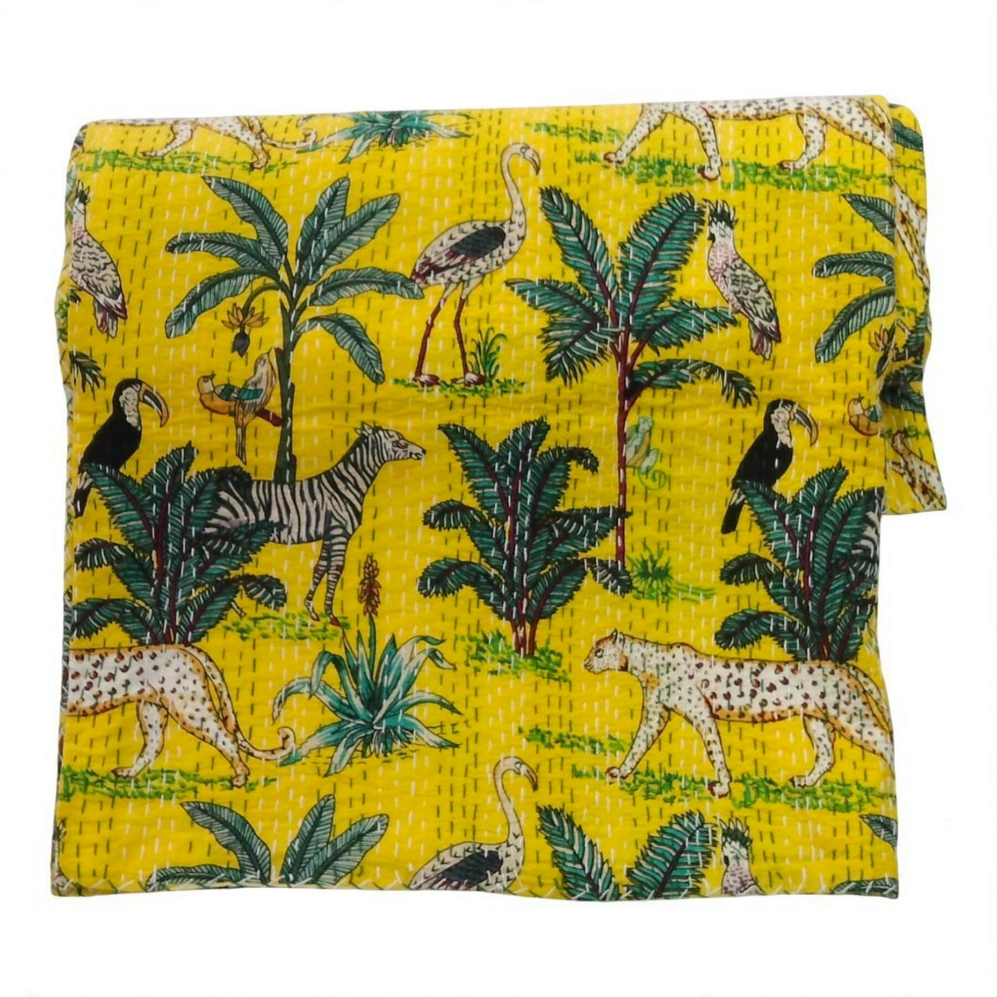 Hand Quilted Kantha Bedcover- Jungle Yellow