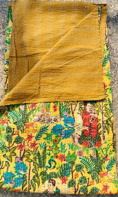 Frida Kahlo Kantha Bedcover Yellow