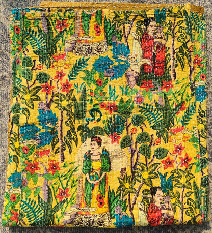 Frida Kahlo Kantha Bedcover Yellow