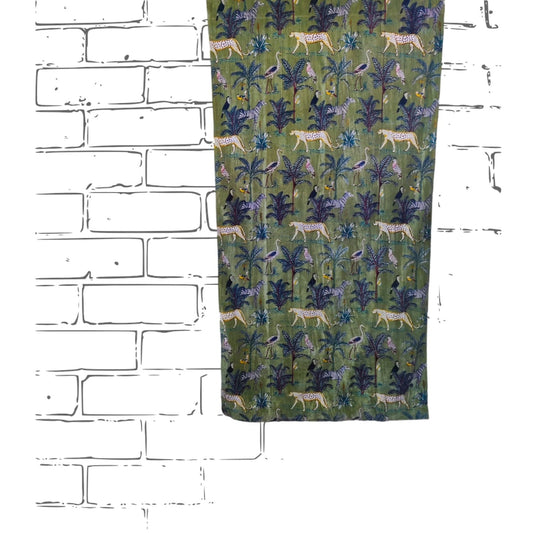 Jungle Print 1 Velvet Curtain- Oliv Green