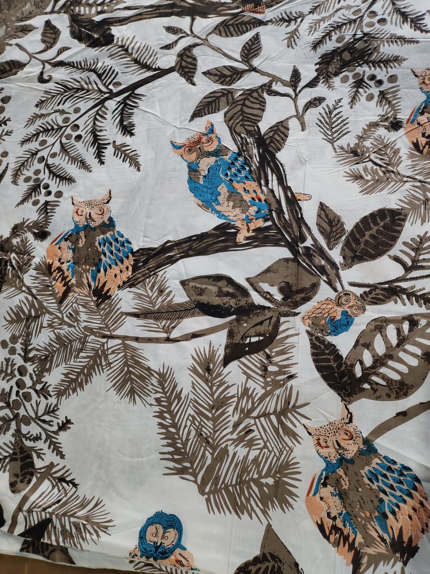 Owl Family cotton cambric 44 inches width Fabric per meter- Brown
