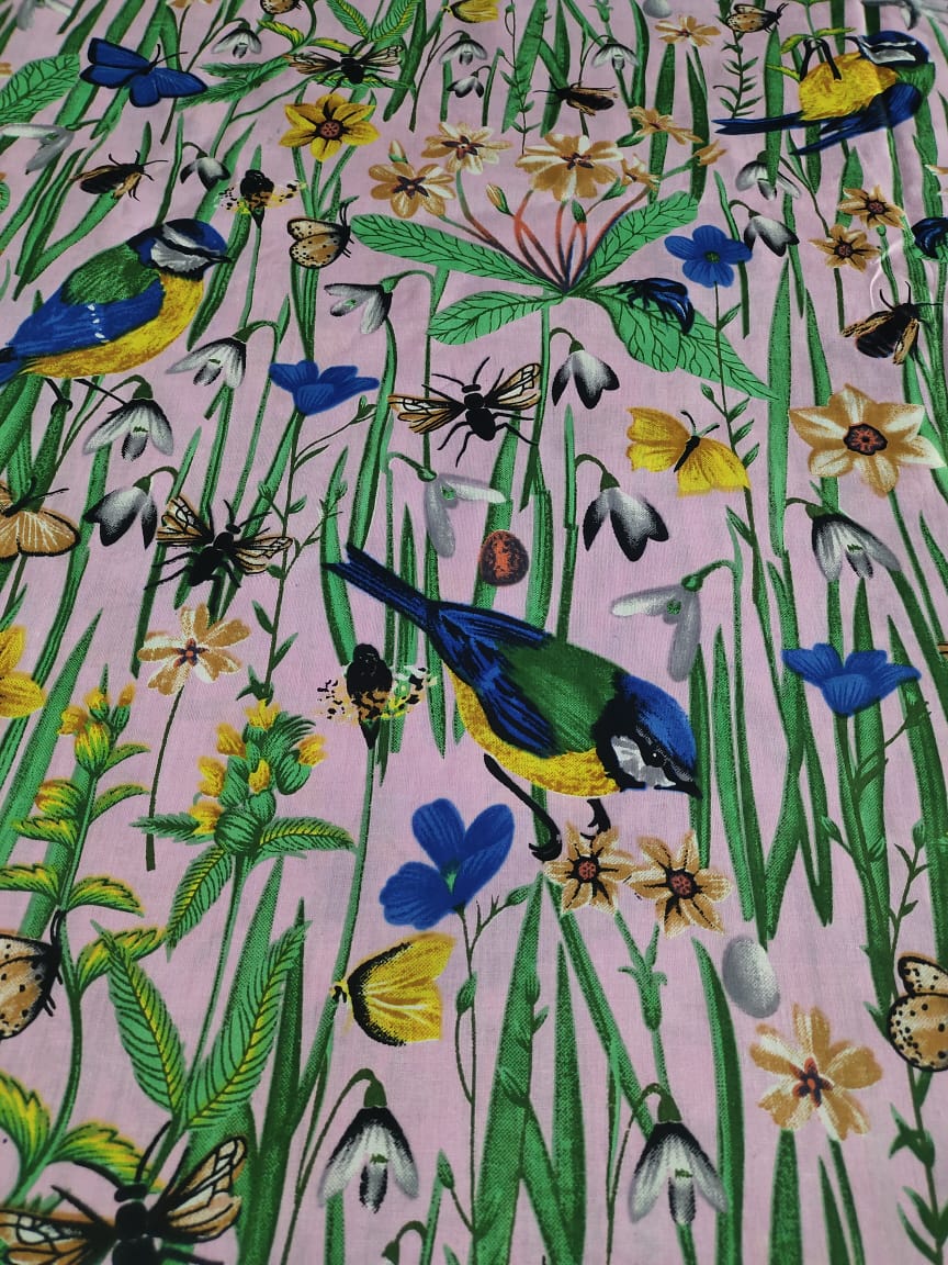 Birds in grass cotton cambric 44 inches width Fabric per meter- Pink