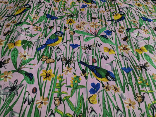 Birds in grass cotton cambric 44 inches width Fabric per meter- Pink