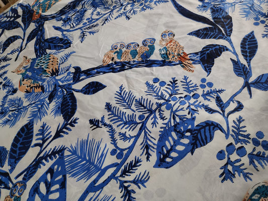 Owl Family cotton cambric 44 inches width Fabric per meter- Blue