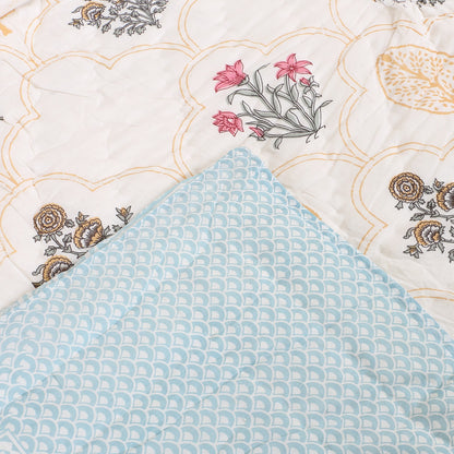 Floral Block Print Bedding Set - Blue (Bedsheet set with Quilt) Gift Set