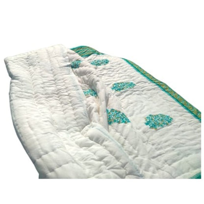 Block Print 200 GSM Cotton Voile Single Quilt- White and Green