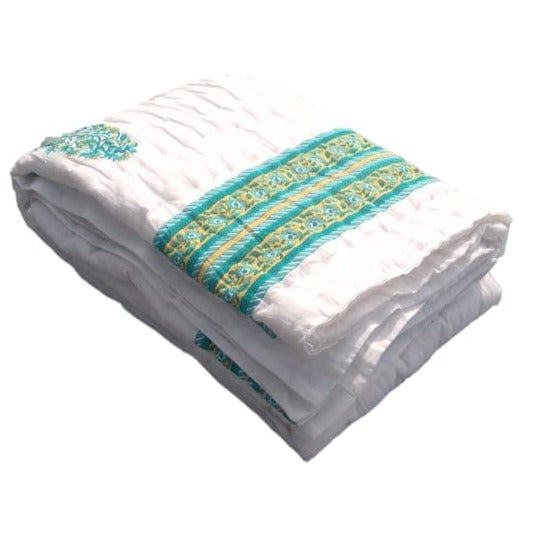 Block Print 200 GSM Cotton Voile Single Quilt- White and Green
