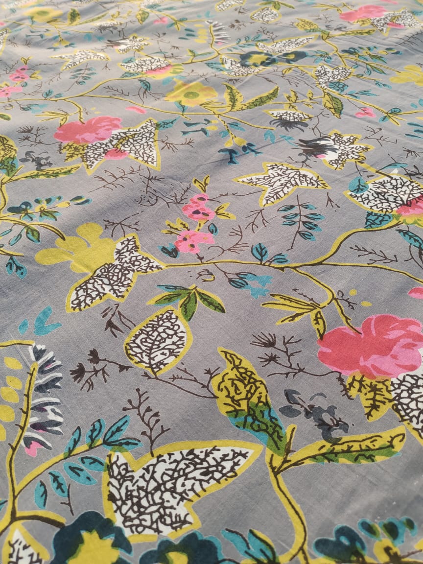 Grey bird flower cotton cambric width 44 inches Fabric per meter